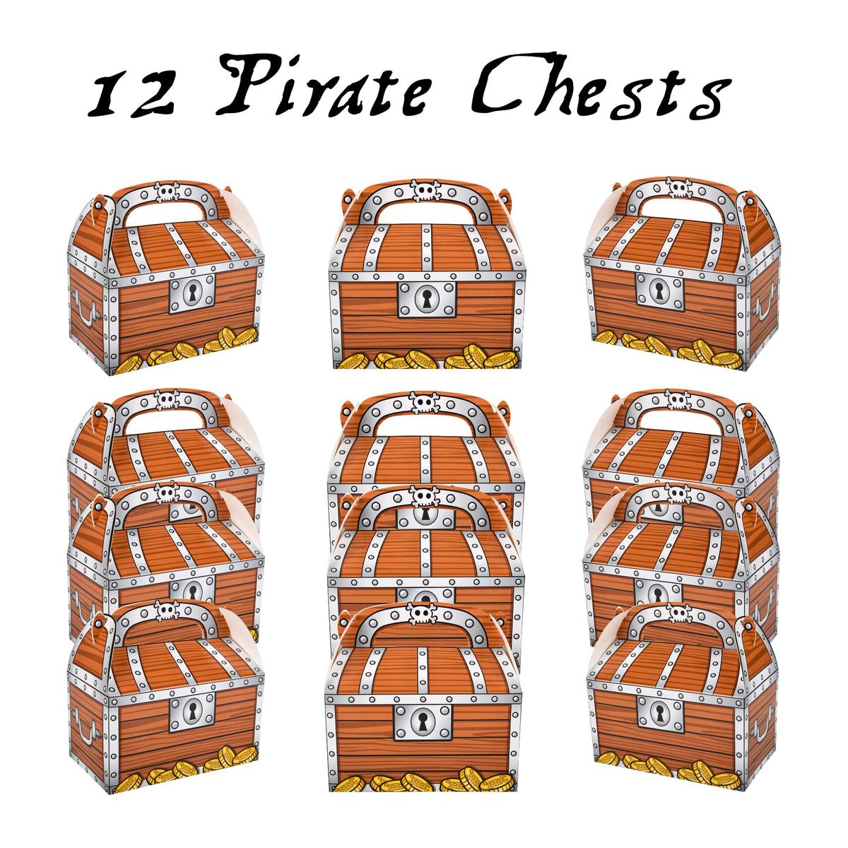 GRANITE MOUNTAIN PRODUCTS Treasure Chest Treat Boxes For Gold Coins, Candy | Pirate Party Supplies | 12 Treasure Chest Party Favor Box & 144 Gold Coins | Halloween Costume Accessory | Pinata Filler