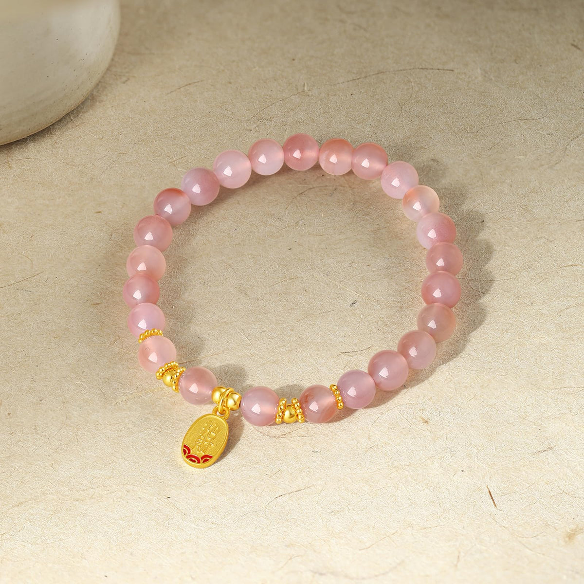 ZHOU LIU FU Sterling Silver Bracelet Silver Pink Agate Beaded Bracelets Fortune Pendant Stretch Bracelet Lucky Jewelry for Women Mom Daughter Birthday 6.7"/17CM J1914587