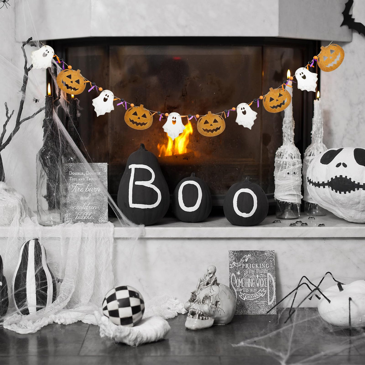Cinnvoice 8.2 ft Halloween Ghost Pumpkin Garland Wooden Beads Garland Rustic Farmhouse Country Decor Wood Pumpkin Banner Ghost Halloween Hanging Decor for Fireplace Mantel Wall Home Window