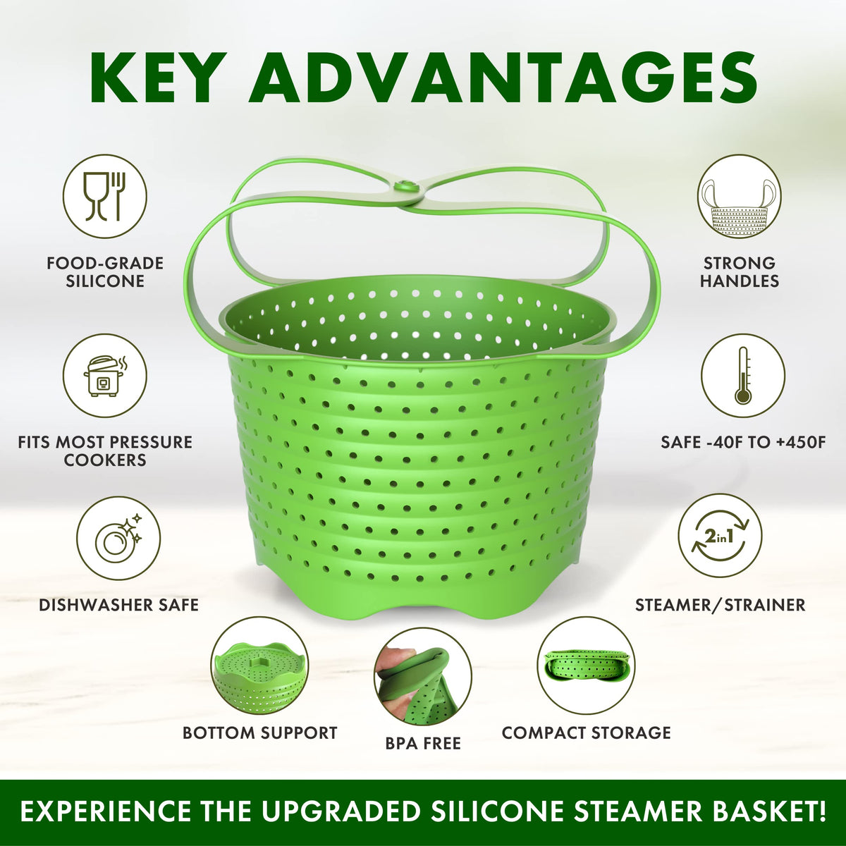 Avokado Silicone Steamer Basket for 6qt Instant Pot [3qt, 8qt avail], Other Pressure Cookers - 100% Food Safe, BPA-Free, Dishwasher Safe Collapsible Vegetable Steamer Basket & Strainer