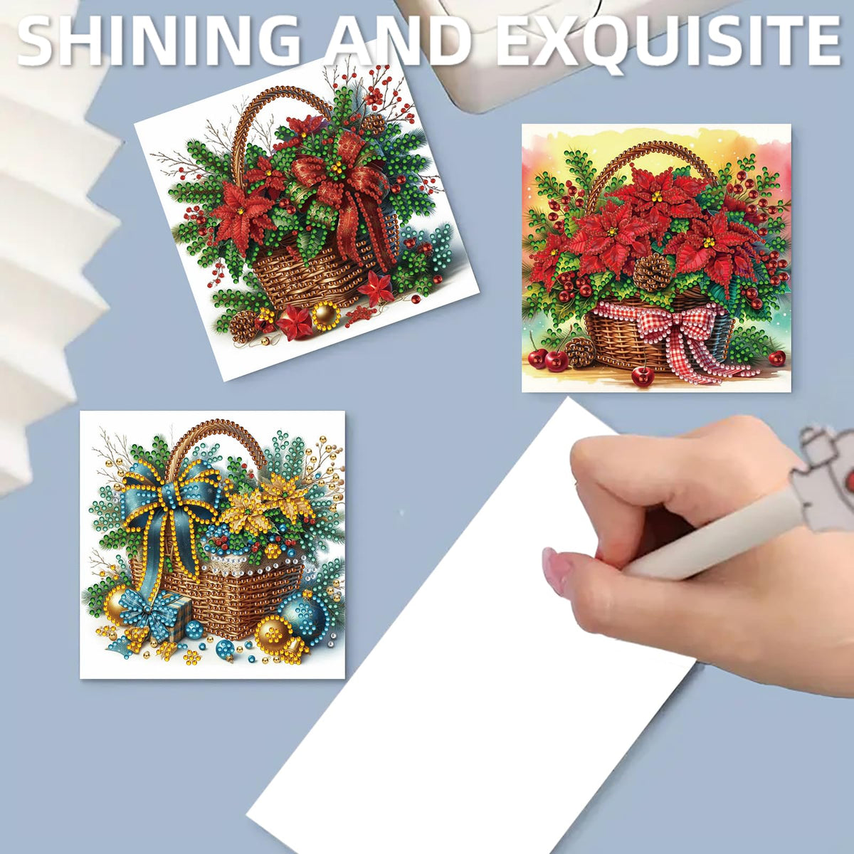 C'eitura 12 Pack Poinsettia Diamond Art Greeting Cards with Envelopes - 5D DIY Diamond Painting Card Kit for Christmas, Birthday, Mother's Day - Handmade All Occasion Stationery Gifts for Adults Beginner