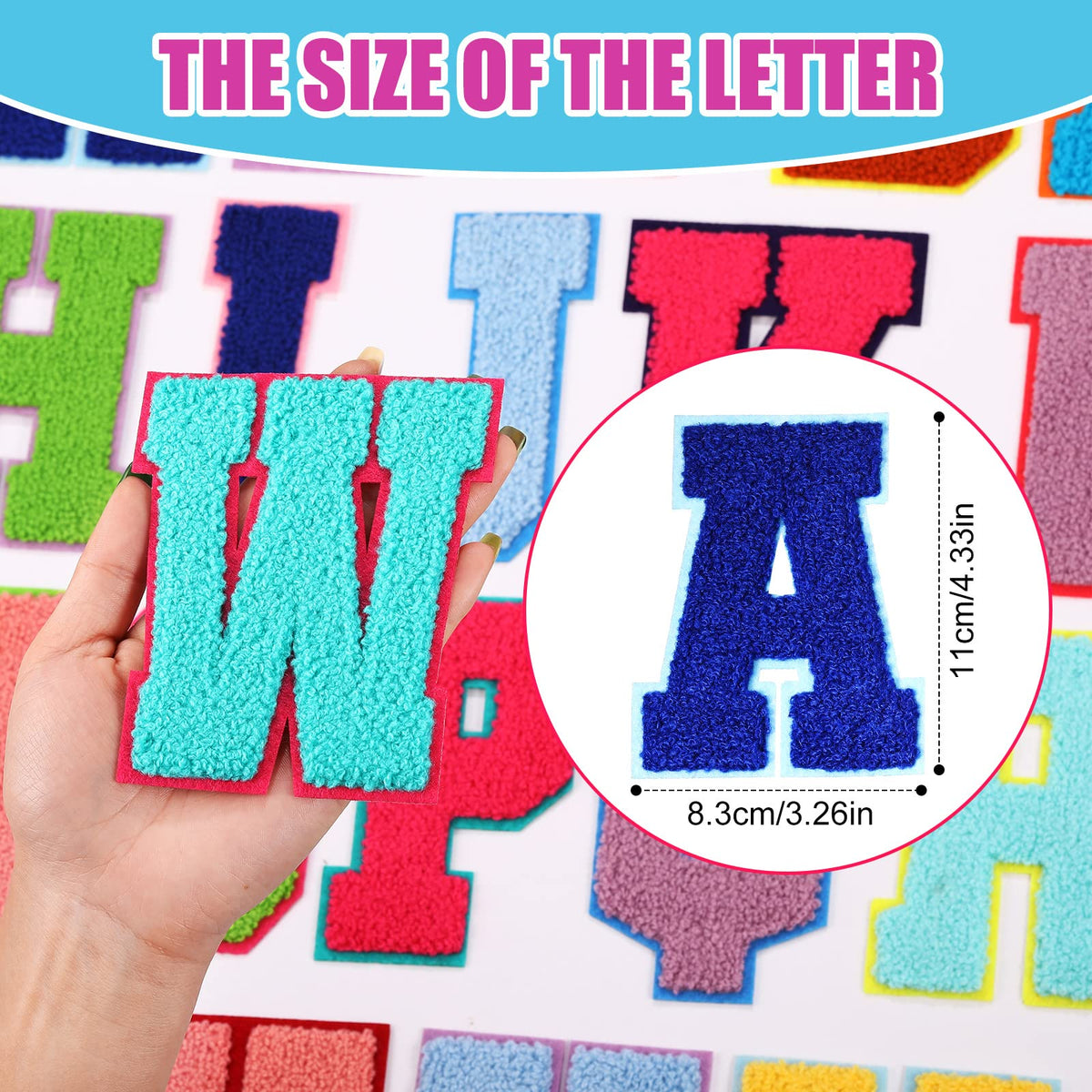 Waydress 26 Pcs Preppy Chenille Letter Iron on Letters Patches 4.5 Inch Self Adhesive, Sew on Chenille A-Z Alphabet Letter Patches for Clothing DIY Supplies(Vivid Style)