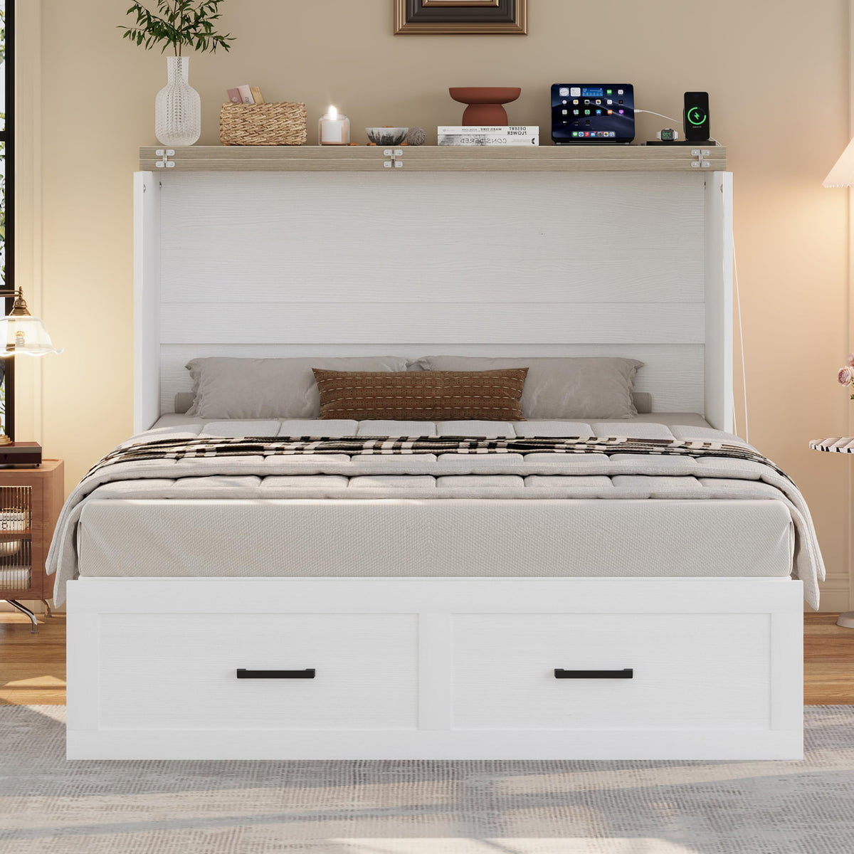 Ball & Cast Murphy Bed Full Size with Charging Station,Farmhouse Murphy Cabinet with Large Storage Drawer,Hideaway Bed Foldable Platform Bed for Guest Room, Apartment, White