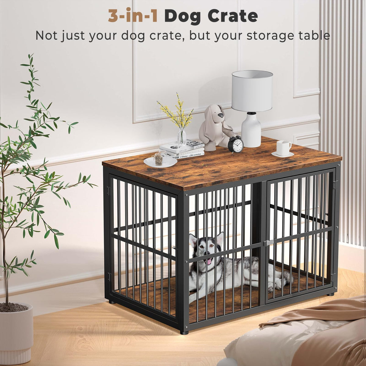 Lyromix 43'' Dog Crate Furniture with 3 Doors, XL Wooden Crate End Table Heavy Duty Indoor Puppy Cage for Medium to Large Dogs, Multiple Units Can be Combined