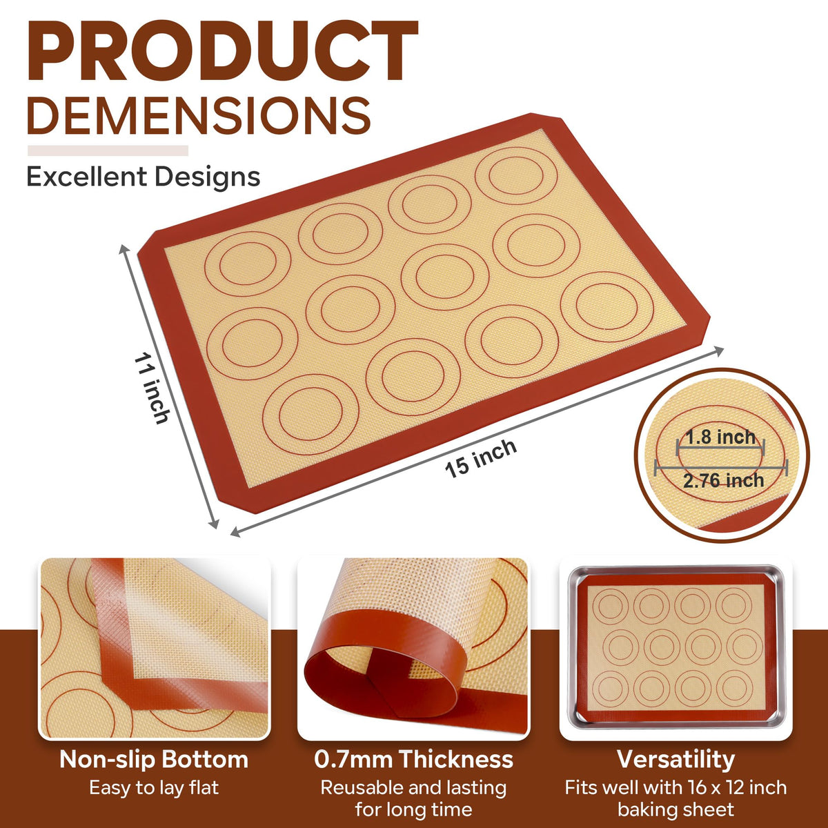 P&P CHEF 15 Inch Silicone Baking Mats, 2 Pcs Reusable Silicone Oven Mat, Non Stick Baking Supplies for Macaroon Pastry Bread Dough Cookie, Fits Well with Sheet Pan, Healthy & Easy Clean