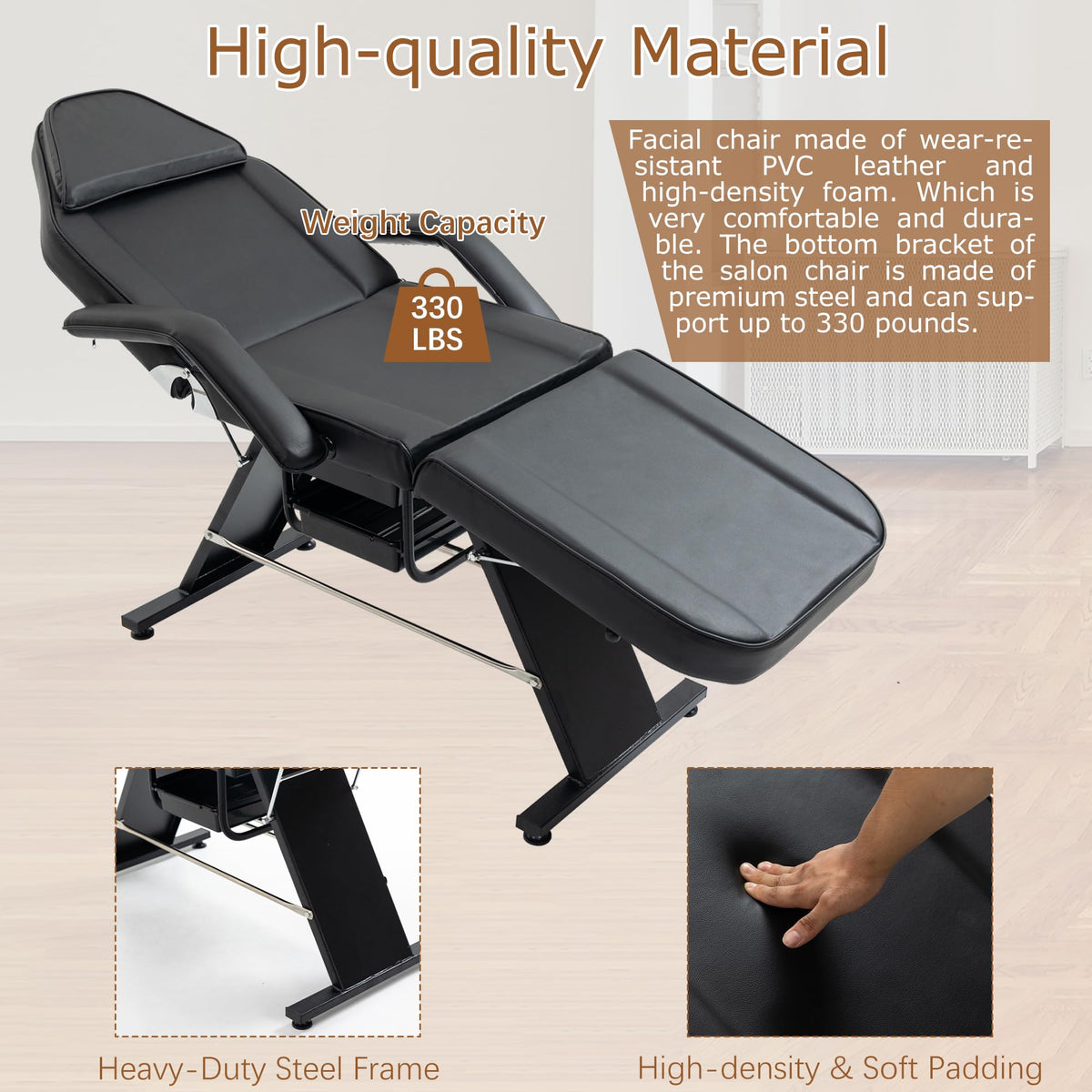 WZONICE98 3-Section Adjustable Facial Bed and Tattoo Chair, Hydraulic Stool with 2 Trays, 330lbs Capacity Massage Salon Spa Chair, Multi-Purpose Esthetician Lash Bed for Waxing Beauty Barber Black