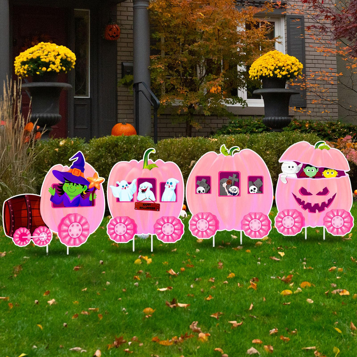 Shellwei 4 Pcs Thanksgiving Pumpkin Yard Outdoor Decor Skeleton Train Yard Signs Autumn Harvest Decorations for Lawn Outdoor Garden Farmhouse Home Thanksgiving Party Decor(Pumpkin,Pink)