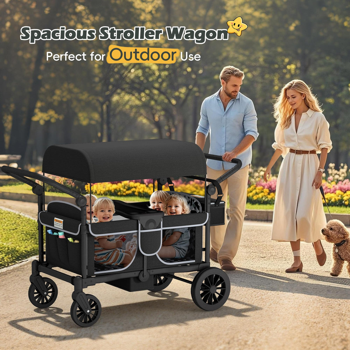 TOLEAD Wagon Stroller for 4 Kids, Foldable 4 Seats Outdoor Stroller Wagon with Canopy, Adjustable Handlebars, 5-Point Safety Harness, Detachable Tray, Portable Bag (Black)