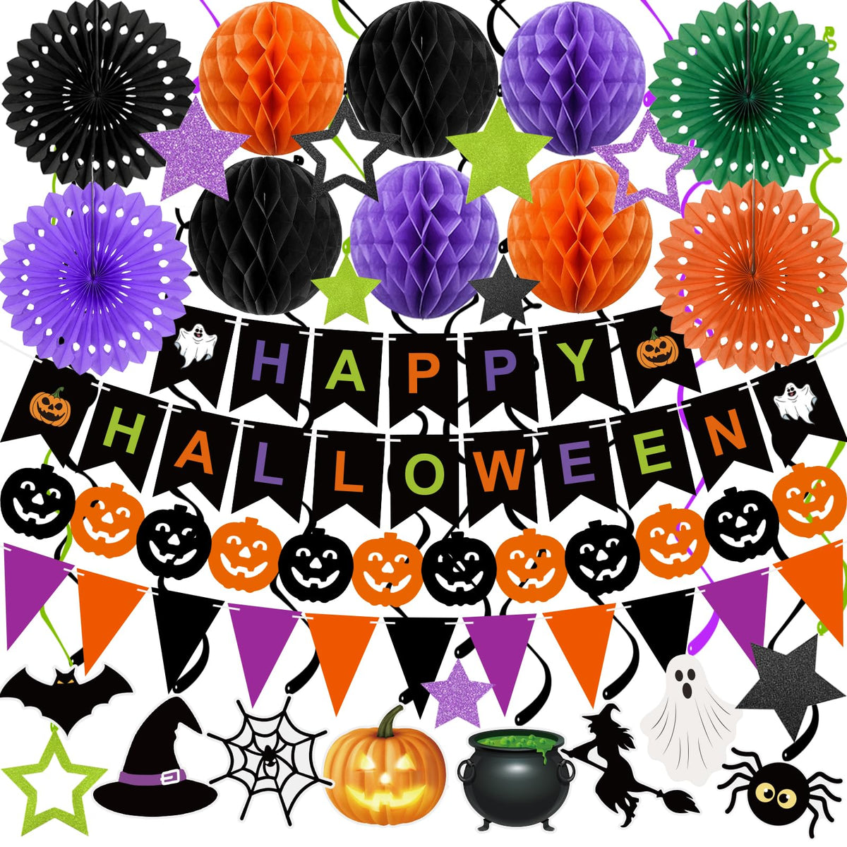 Halloween Party Decorations Happy Halloween Banner Honeycomb Balls Paper Fans Hanging Swirls Triangle Garland for Indoor Home Office Class School Party Supplies