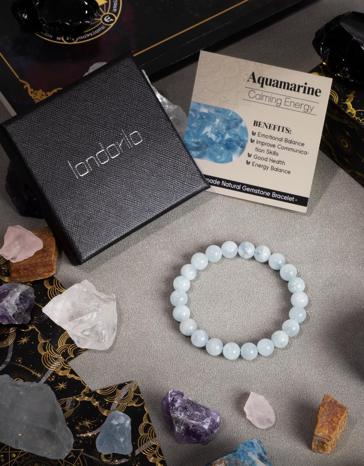 Landorilo Beaded Bracelet for Men Women, 8mm Natural Stone Aquamarine Healing Crystal Stretch Bracelets, Ideal Christmas Birthday Jewelry Gifts with Energy Card，Replacement Beads Included