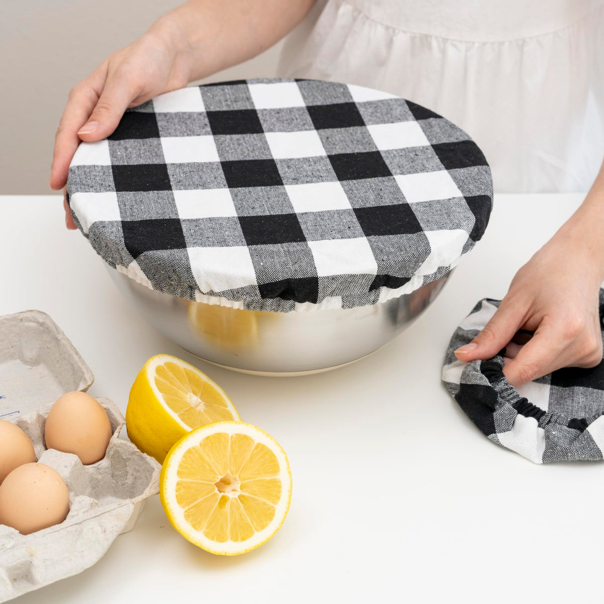 Reusable Elastic Bowl Covers - 100% Cotton Fabric Bowl Covers Set for Sourdough Bread and Mixing Bowls to Cover Dough, Fruits, Vegetables and Regulate Moisture (Black Plaid, 1XL, 1L, 1M, 1S)