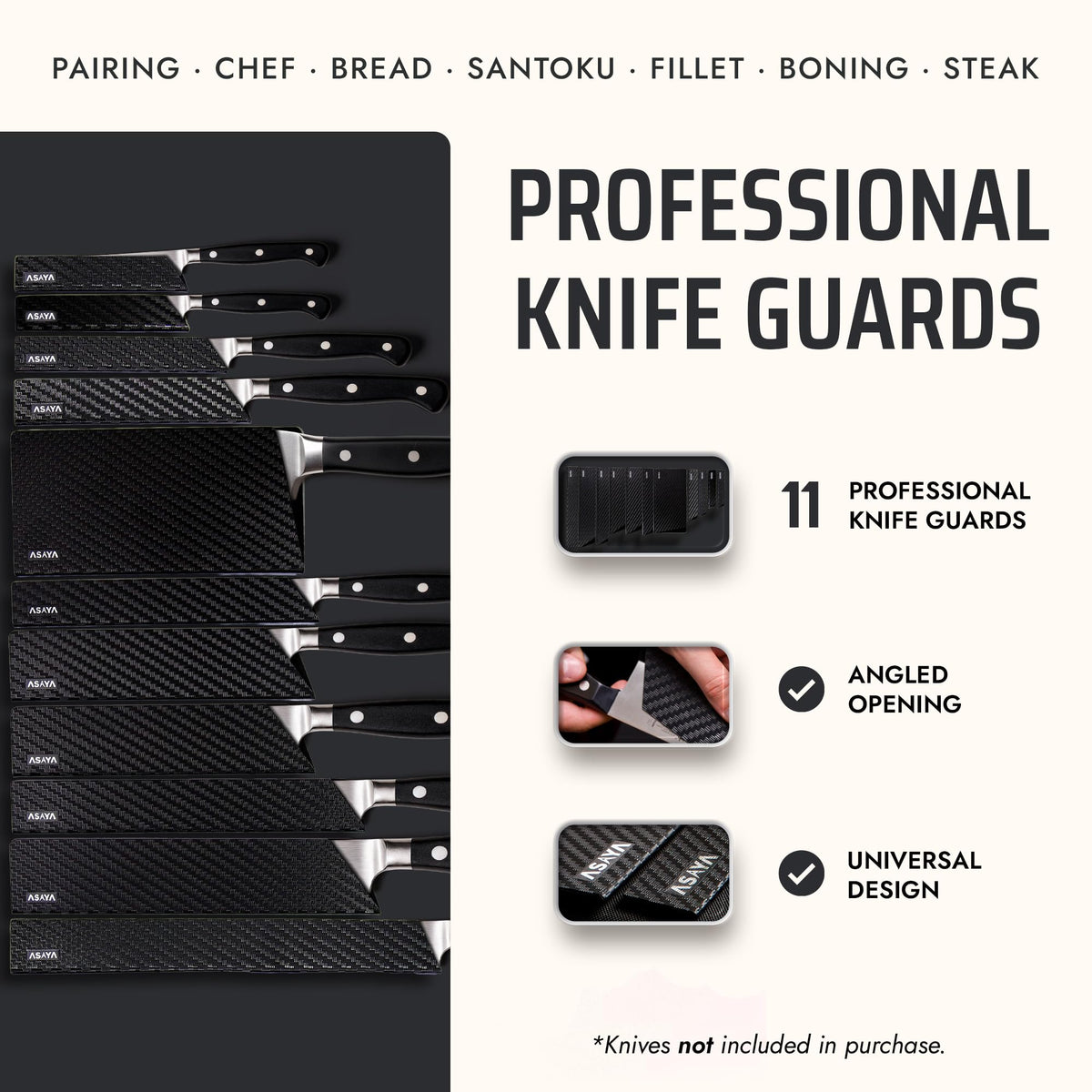 Asaya Professional Chef Knife Edge Guards – 11 Piece Knives Universal Covers - Extra Strength ABS Plastic and Food Safe Kitchen Knife Sheath Covers – Knives Not Included