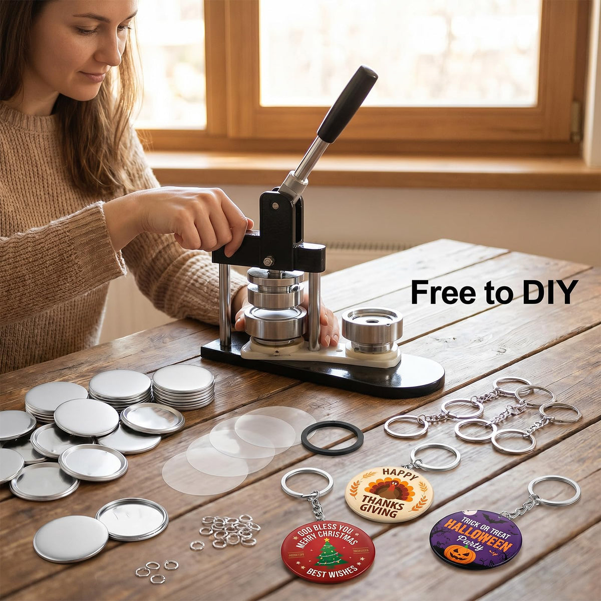 Afcabakila 100 Sets Button Maker Keychains Supplies 58mm/ 2.25 Inch Metal Badge Kit with 1.98 Inch Keychain Ring, Metal Shell, Plastic Film, Backing Parts for Button Maker Machine DIY Craft Gifts