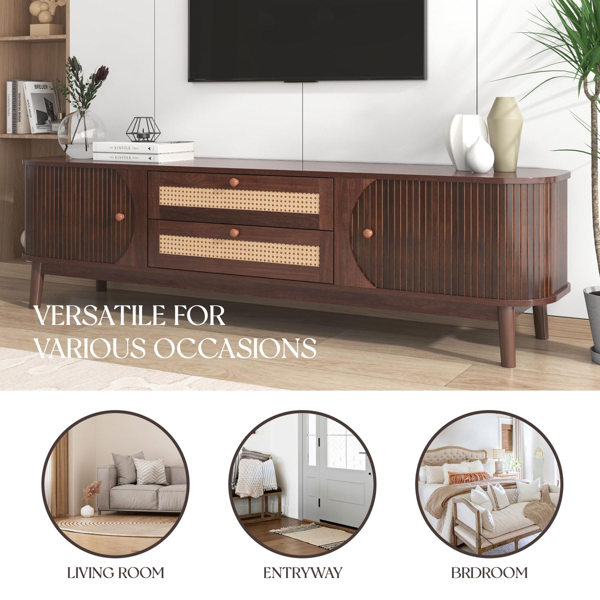Ball & Cast TV Stand for TVs up to 75",Modern Entertainment Center with 2 Sliding Doors and 2 Rattan Drawers,TV Media Console w/Storage Cabinets and Solid Wood Legs for Living Room,Natural+Brown