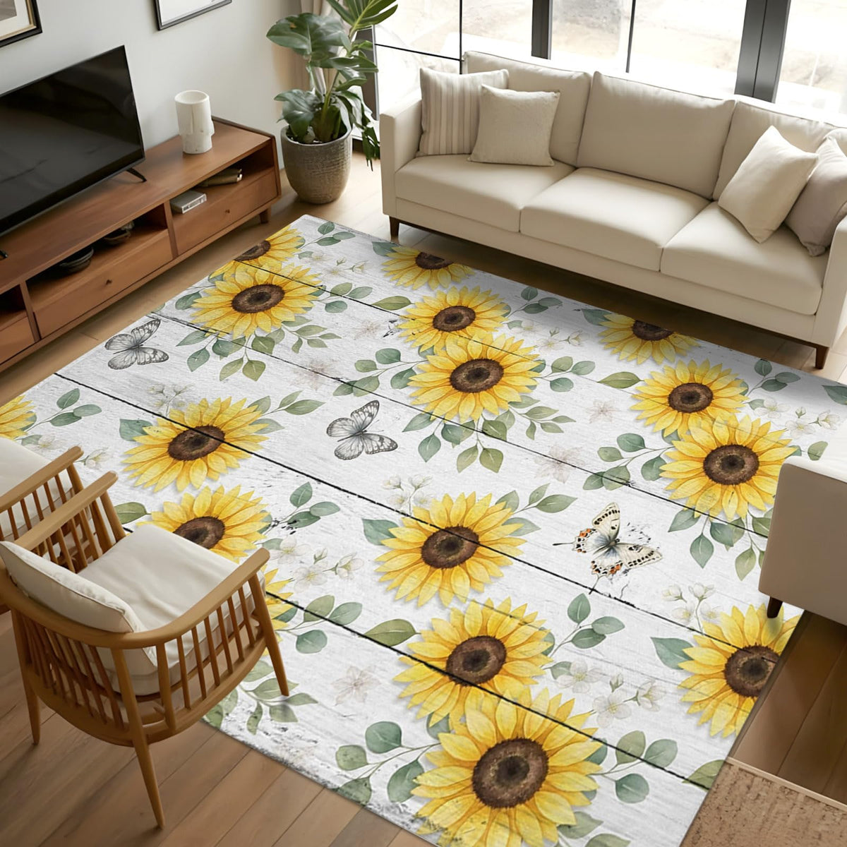 Area Rugs 8x10 for Living Room, Yellow Sunflowers Non Slip Washable Rug Runner, Summer Botanical Butterfly Leaves Wooden Low Pile Indoor Floor Carpet Mat Bathroom Rugs for Bedroom, Kids Room