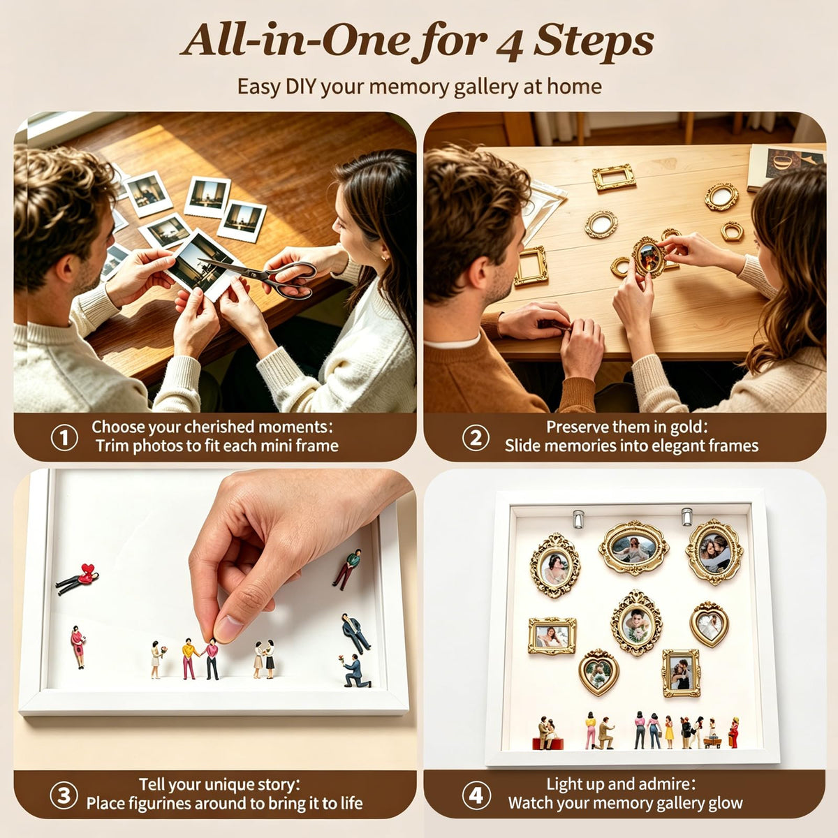 New DIY Mini Gold Grames Silhouette Box, Upgrade Shadow Box Frame Kit with Gold Miniature Museum & Figurines, Celebrate Your Unique Memories in Style, for Anniversary, Wedding, Birthday & Home Decor