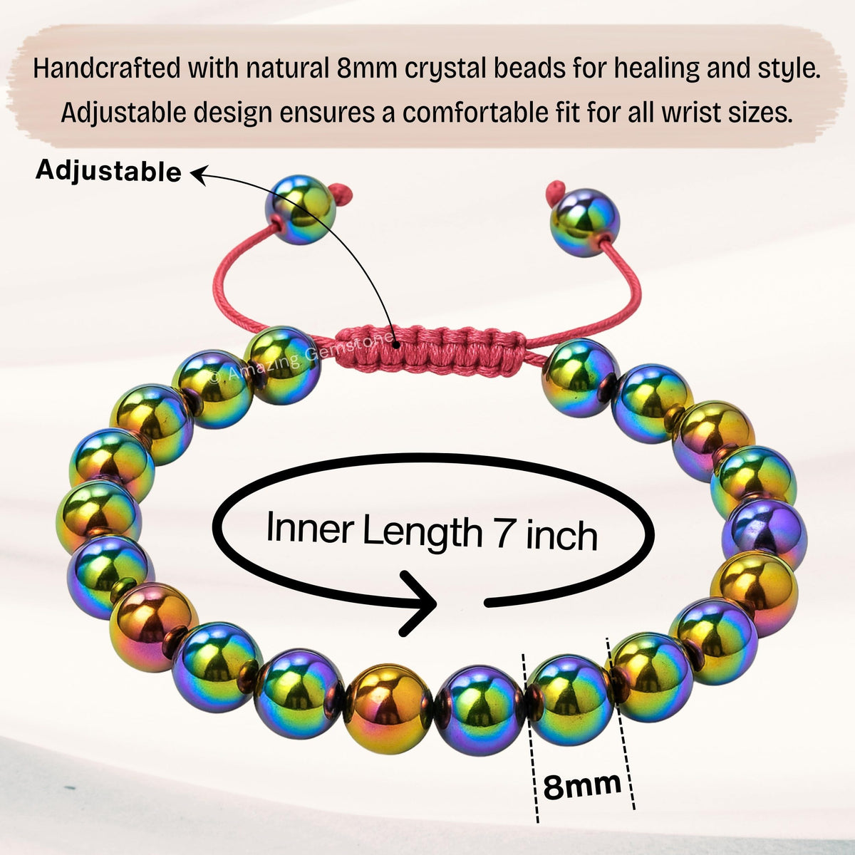 Amazing Gemstone Rainbow Hematite Bracelet, Gifts For Men & Women - Protection Healing Crystal Bracelet - 8mm Gemstone Beaded Adjustable Bracelet, Pulseras Para Hombres Mujer Stocking Stuffers