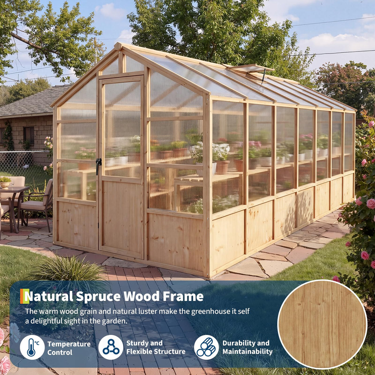 GarveeLife 8'x14' Wooden Greenhouse for Outdoor, Large Walk-in Greenhouse Kit with Ventilated Window, Door & Polycarbonate Panels, Heavy Duty Wood Frame Green House for Patio Garden Backyard