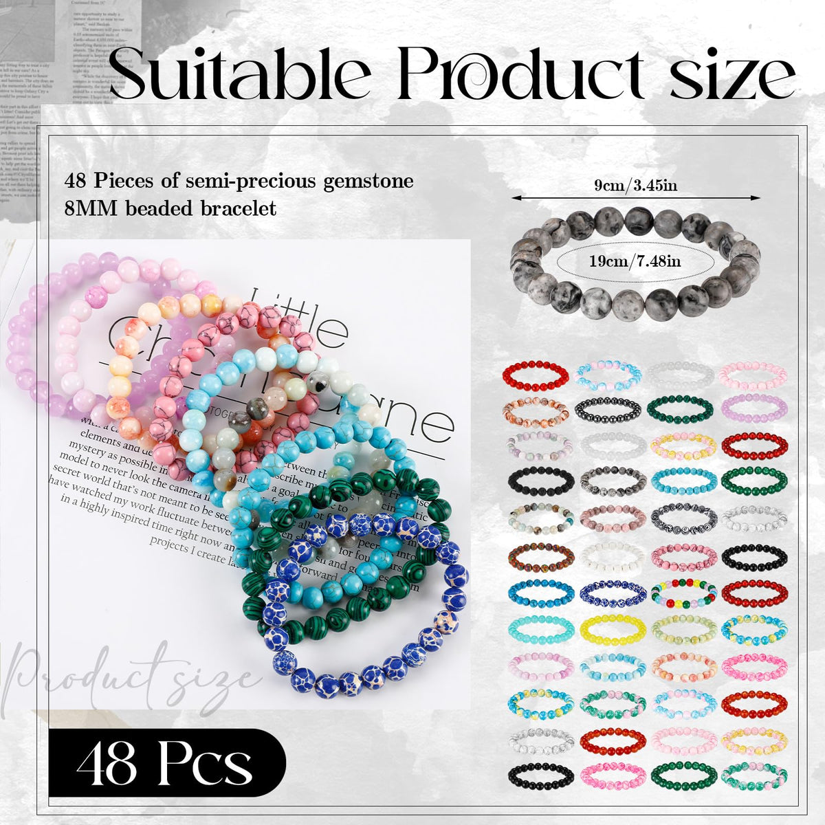 Landical 48 Pcs 8mm Round Beaded Bracelets for Women Men Semi Precious Gemstones Bracelets Crystal Stone Bracelet for Unisex