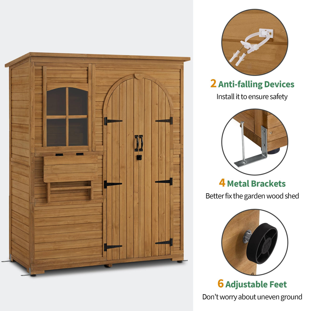 Macrout Outdoor Storage Cabinet with 3 Shelves (4.8 x 2.1 x 6.2 ft), Wood Storage Shed with Roof, Tall Garden Shed with 1 Foldable Table for Yard Patio Lawn, 1815