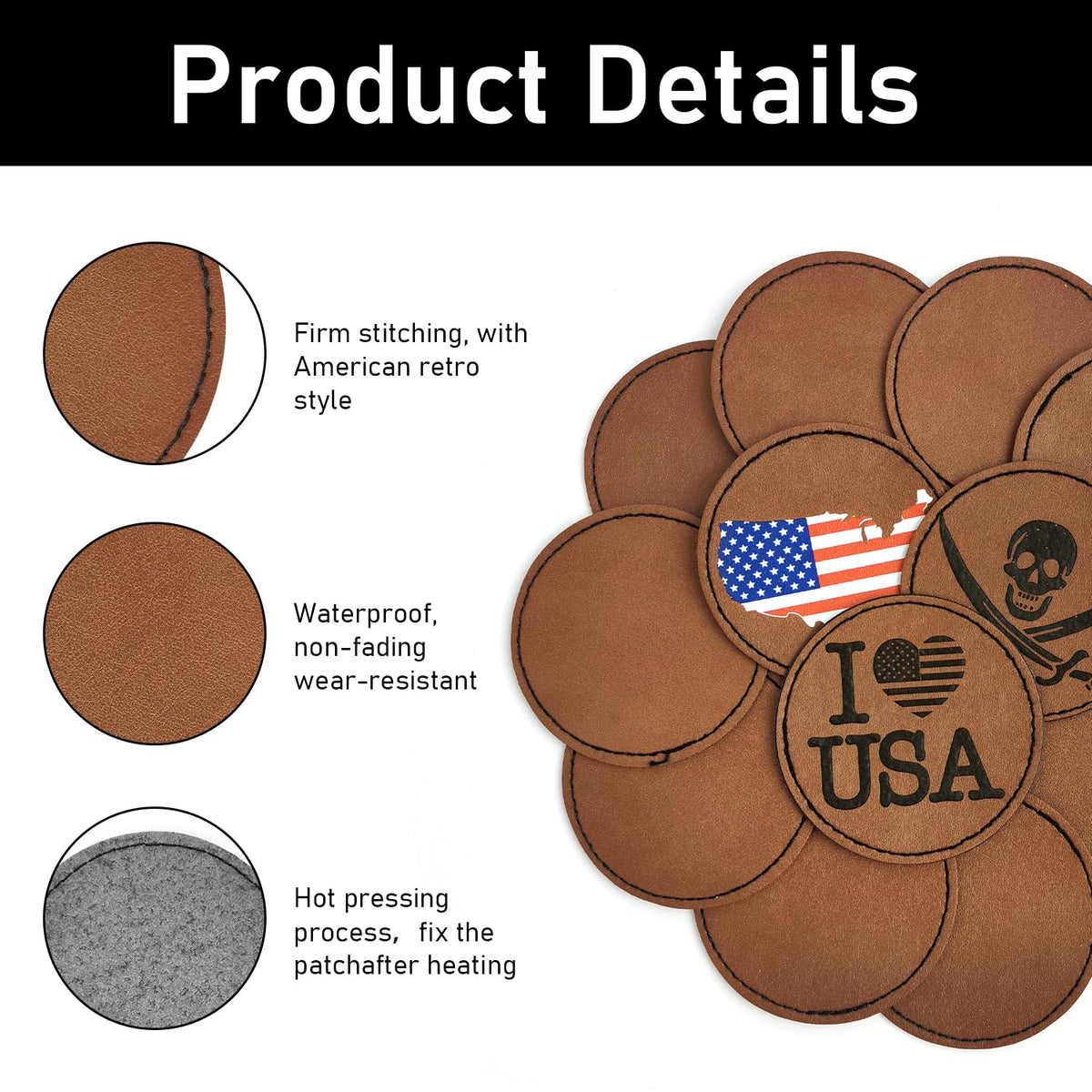 J.CARP 64Pcs Blank Leatherette Hat Patches with Adhesive, Iron on Leather Patches for Hats, Laser Engraving Heat Press Leather Patch for Fabric Clothes Repair Repair Brown Round