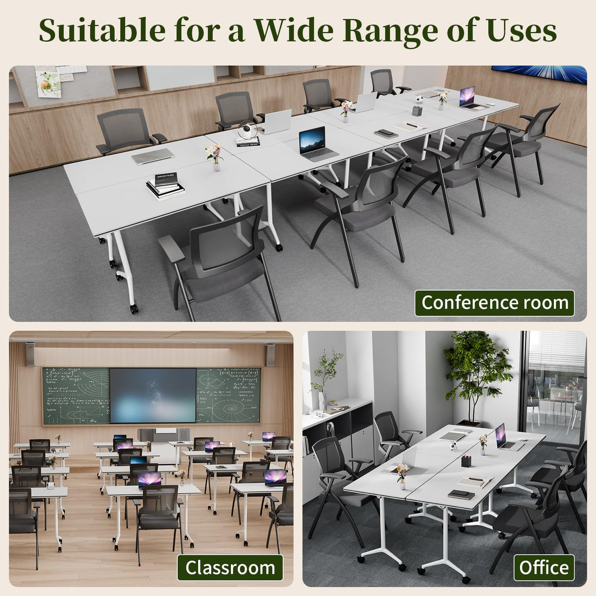 Modular Folding Conference Table with Wheels,6 Pack Mobile Conference Room Tables,Filp Top Rolling Meeting Training Tables for Office,Classroom,Library,Seminar,Boardroom,school(6pack,White,47in)
