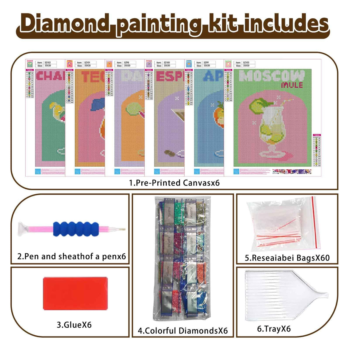Ycydilirab 6 Pack Diamond Art Kits for Adults,Cocktail 5D Diamond Painting Kits for Adults,Beginner DIY Gem Painting Perfect for Gifts and Home Wall Decor 10x12inch
