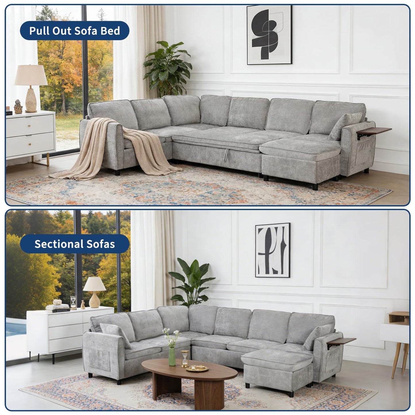 Modular Sectional Sleeper Sofa with Pull Out Bed, 116" Large U Shaped 7 Seater Sectional Couches with Ottoman, Charging Port & Foldable Side Table, Comfy Chenille Cloud Sofas for Living Room, Grey