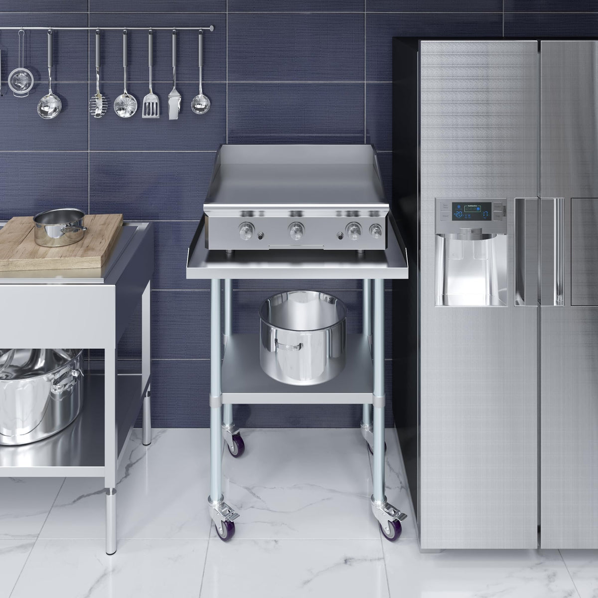 AmGood Commercial Work Table with Backsplash and Sidesplashes with Casters | NSF (Stainless Steel Table with Sideguards + casters, 30" Long x 24" Deep)
