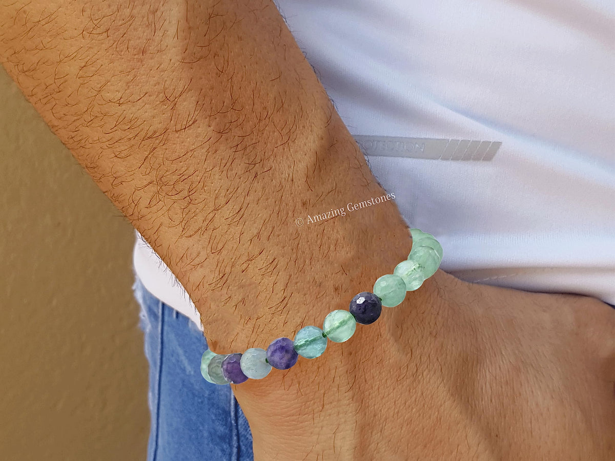 Amazing Gemstone Multi Fluorite Bracelet for Women - Chakra Mens Bracelet Protection Crystals&Healing Stones - Blessing Bracelet Spiritual Meditation Gift (Faceted Beaded Bracelet)