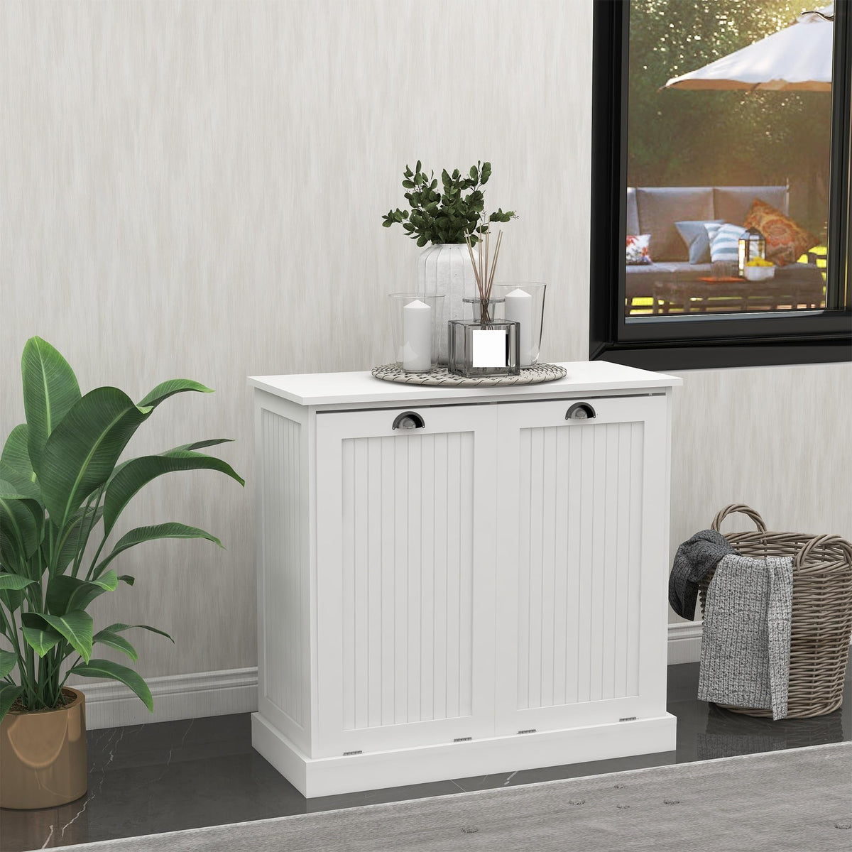 Contemporary Storage Cabinet, Two-Compartment Tilt-Out Laundry Sorter Cabinet, for Bathroom Hallway