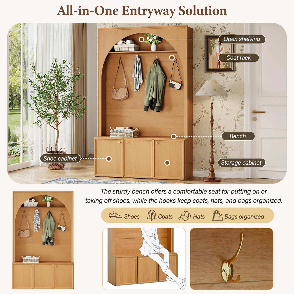 Merax Farmhouse Hall Tree with Bench and 3 Cabinets, 4-in-1 Entryway Coat Rack with 4 Golden Hooks and Top Compartments, 77.5" Retro Arched Entryway Hall Tree for Hallway, Mudroom, Entrance, Natural