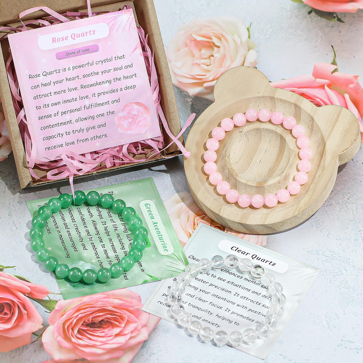 Set of 3pcs Natural Crystal Bead Bracelet for Women, Healing Stone Chakra Stretch Beaded Bracelets Anxiety Relief Bracelet Rose Clear Quartz Aventurine