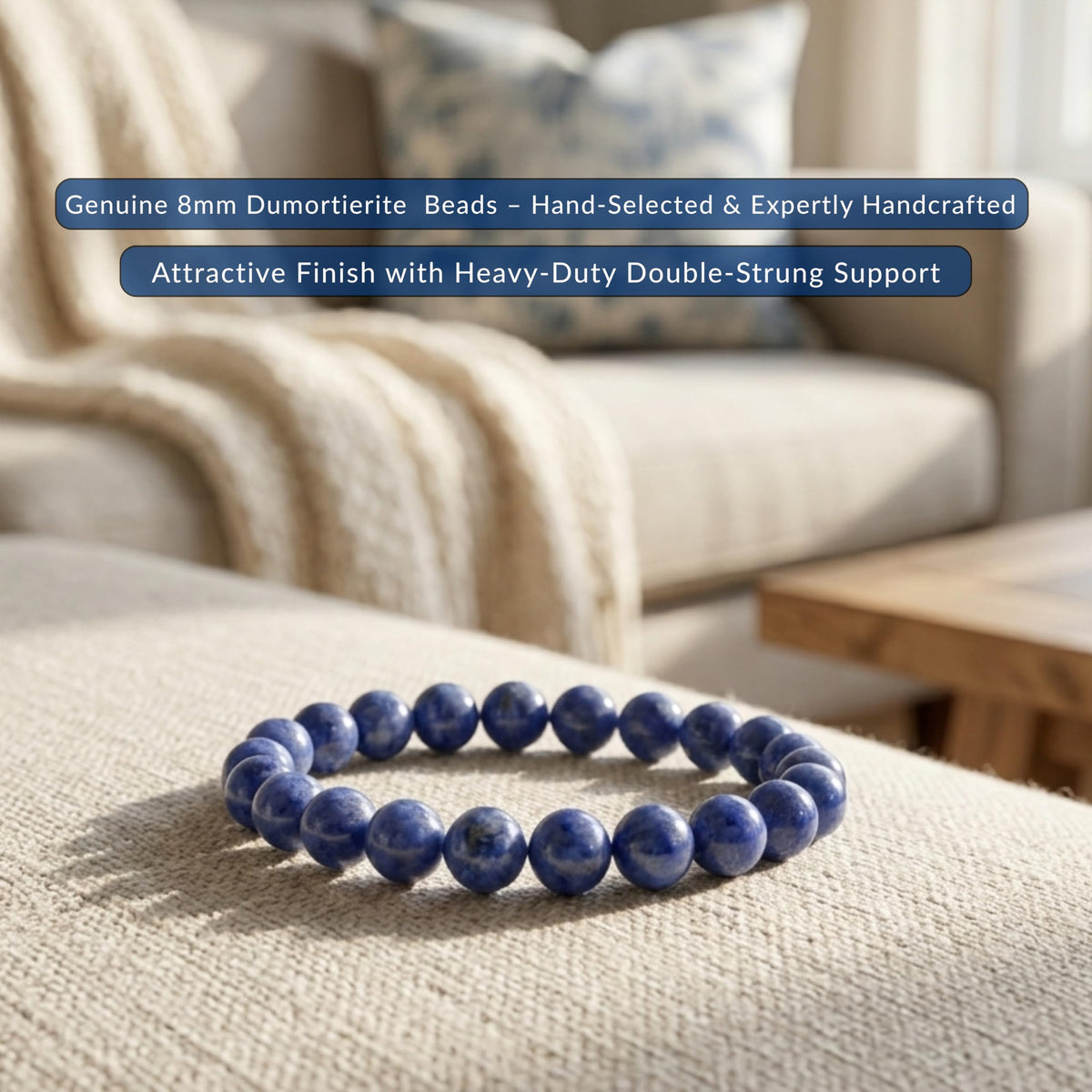 Cherry Tree Collection Dumortierite Beaded Bracelet – Genuine 8mm Gemstone Stretch Bracelet for Men & Women – Handmade Crystal Bracelet - (Dumortierite - M)