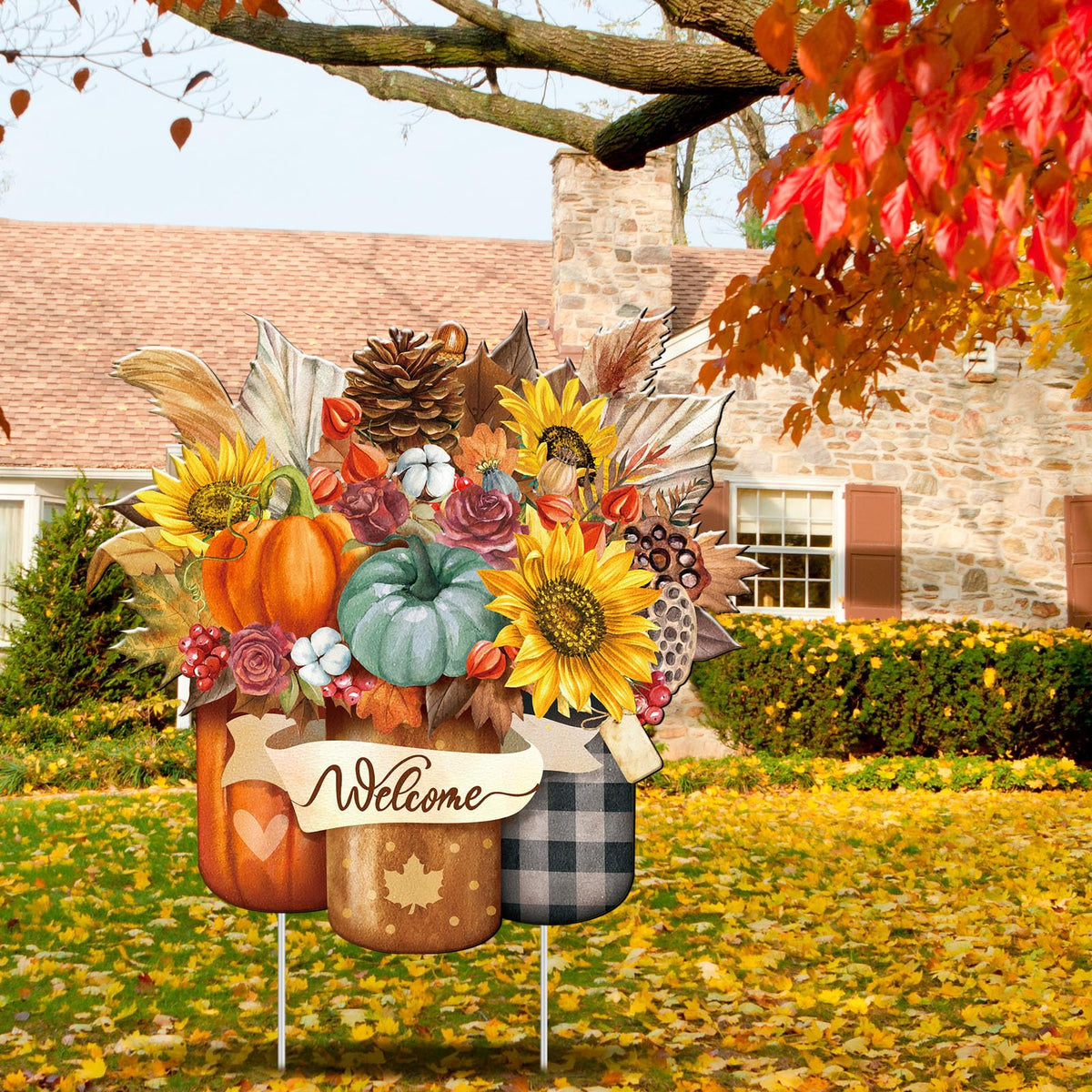 Memorywuu Metal Thanksgiving Decoration Fall Pumpkin Mason Jar Yard Sign Stake 14.2 Inch Autumn Welcome Sunflower Outdoor Yard Decor for Autumn Harvest Outside Lawn Decorations Garden Patio Walkway