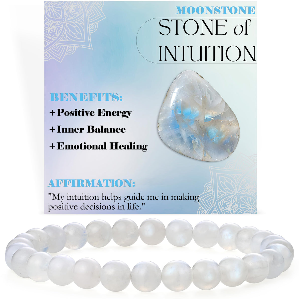 Bivei Moonstone - Intuition - 6mm Beaded Bracelets for Women Handmade Semi Precious Natural Stone Stretch Elastic Jewelry for Women Yoga Protection Gifts