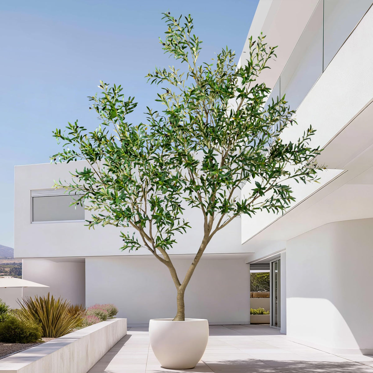 10FT Artificial Olive Tree with Realistic Leaves & Natural Trunk, Faux Silk Olive Plant in White Planter, Tall Fake Tree for Modern Home Office Living Room Entryway Corner Decor, Maintenance Free