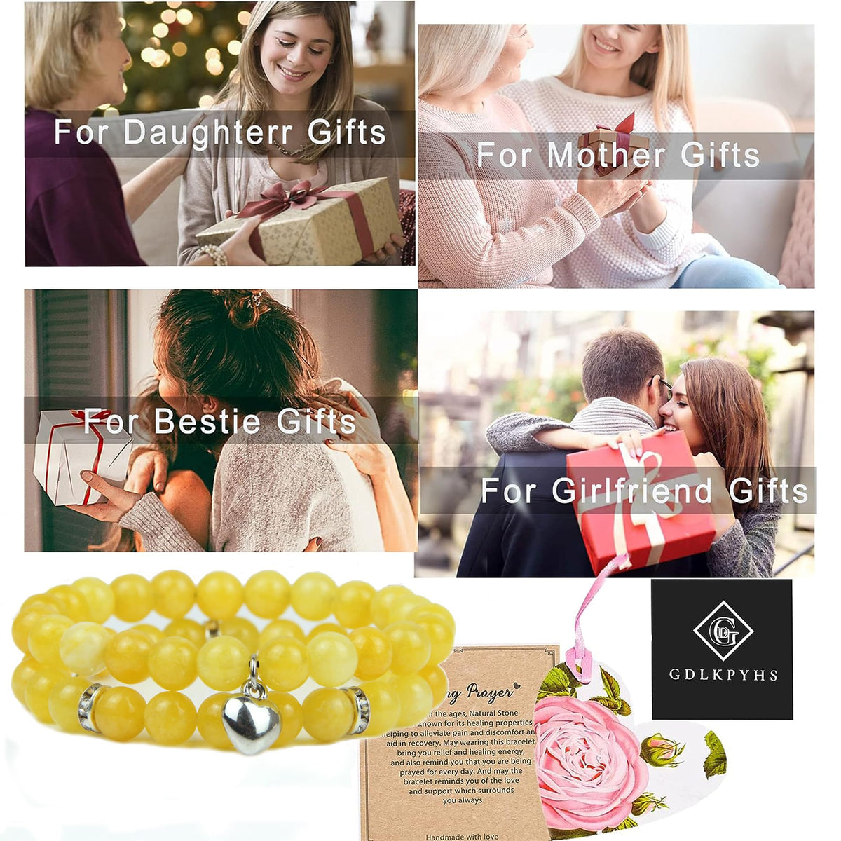 GDLKPYHS Healing Bracelets for Women - Citrine Bracelet - Healing Prayers Crystal Bracelet, 8mm Natural Stone Stress Relief Yoga Beads Get Well Soon Gifts