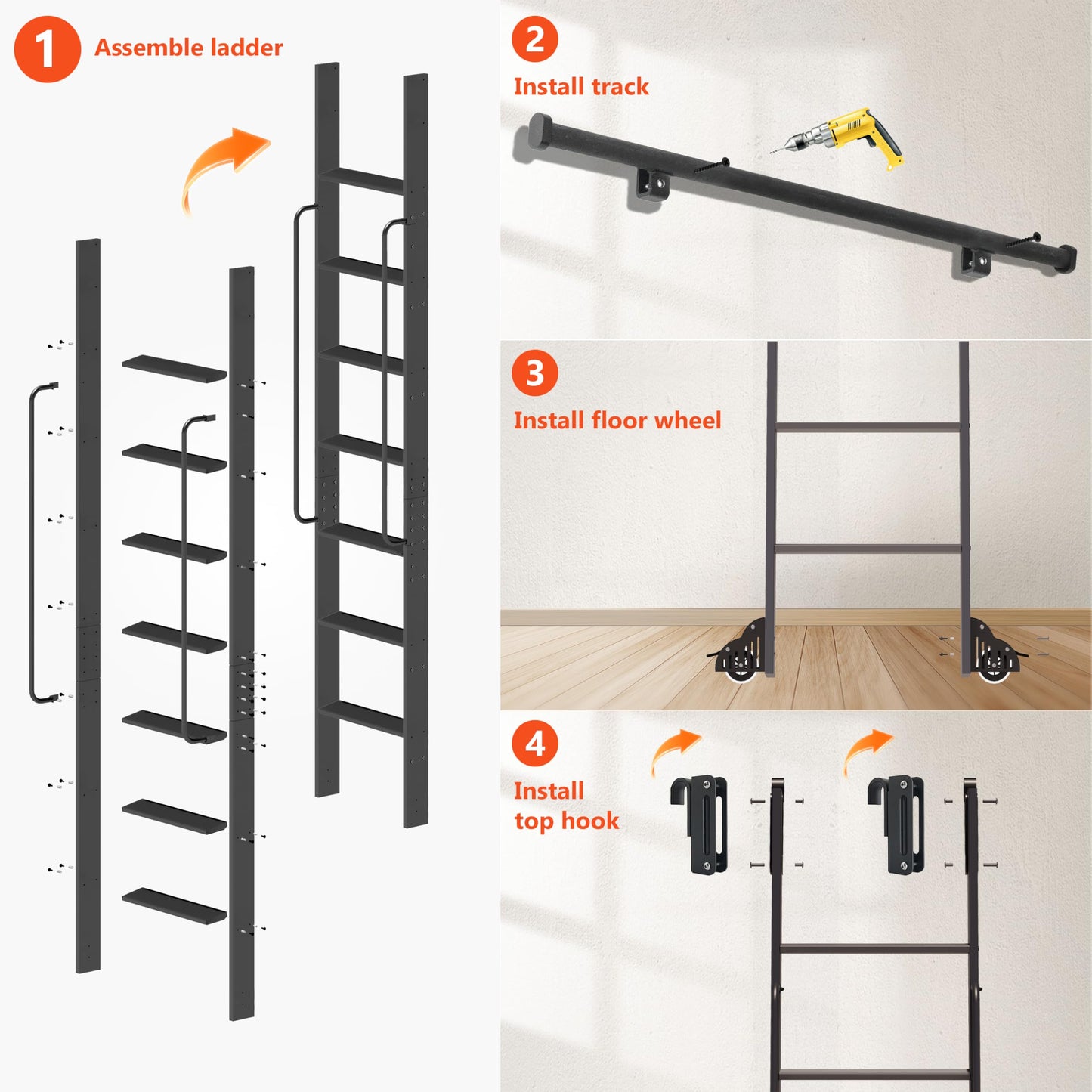 DIYHD 87" Lightweight Sliding Library Ladder with Handrail, Rolling Bookshelf Ladder with 4FT Rail System, Telescopic Top Hook, Upright Space-Saving Storage Design,7 Steps, 300 Pound Capacity, Black