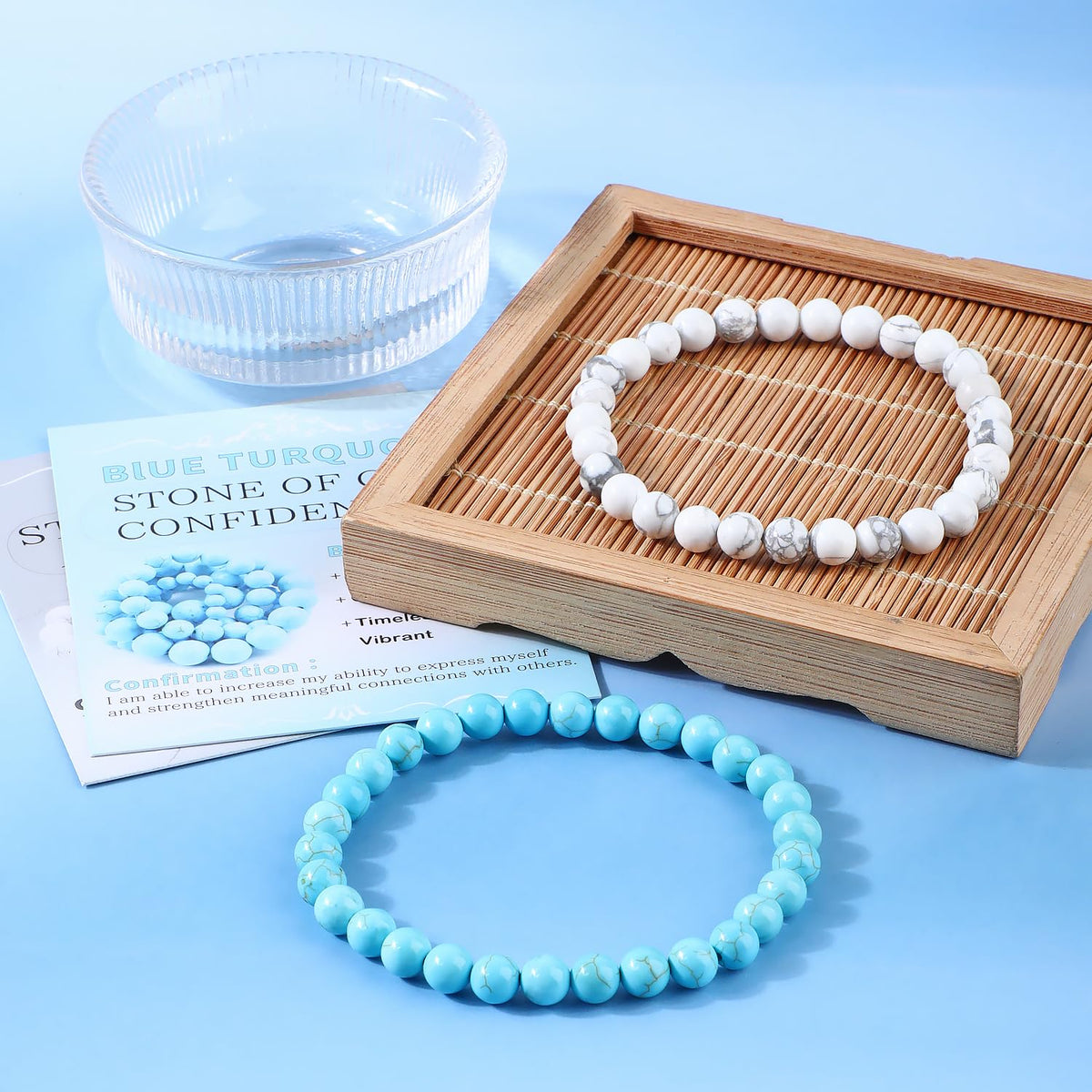 NCB 2-Piece 6mm Natural Crystal Gemstone Stretch Bracelets – ﻿Blue Turquoise, Howlite Handmade Reiki Energy Healing Jewelry for Meditation,Yoga, Unisex