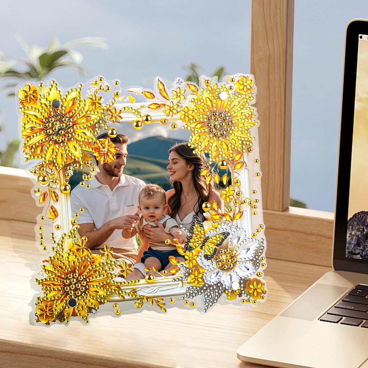 AIRDEA 5D Diamond Art Painting Desktop Photo Frame Ornament Flowers Butterfly Special Shape Diamond Dots Frame Kits for Adults,8x8in/20x20cm