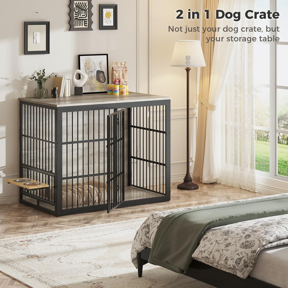 Lyromix 48'' XXL Dog Crate Furniture with Rotating Feeder, Large Wooden Crate End Table, Heavy Duty Indoor Kennel Cage for Medium to Large Dogs, Grey
