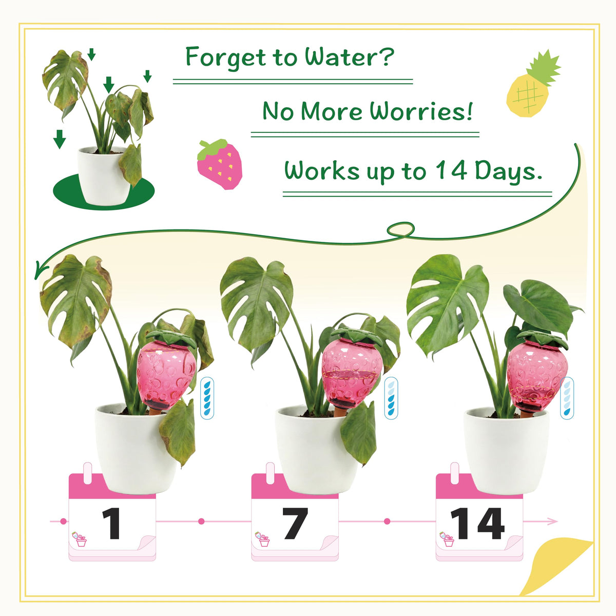 Extra Large Plant Watering Globes for Plants - 19oz Plant Watering Devices, Vacation Self Watering Globes with Slow Release, Indoor Plant Watering Bulbs, Plastic, 2-Pack(1 Pineapple & 1 Strawberry)