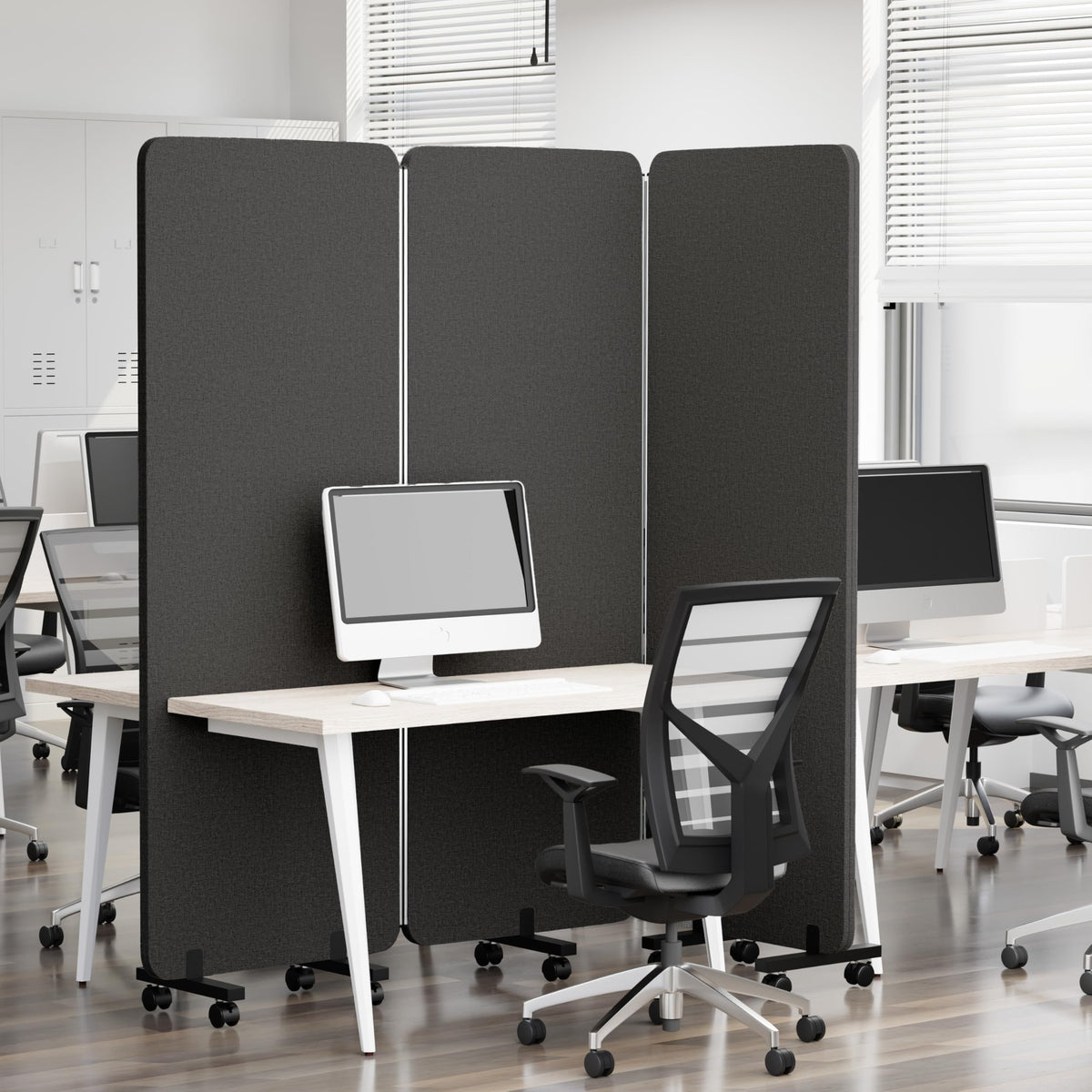KERRAM 3 Panel Foldable Office Partitions, Mobile Cubicle Wall with Wheels, 71 x 66 Inch Noise Cancelling & Sound Proof Room Dividers Partition Wall, Aluminum Frame Dark Gray