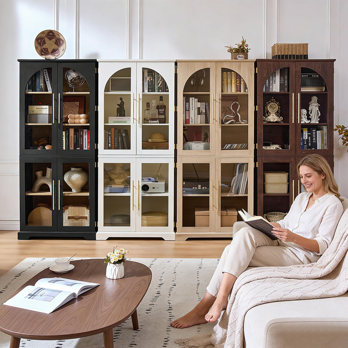 Joaxswe 72" Tall Bookshelf Set of 2, Farmhouse Bookcase with 3-Tier Adjustable Shelves, Modern Living Room Display Cabinet with Glass Doors, Large Storage Cabinet for Home Office,Dining Room, Black