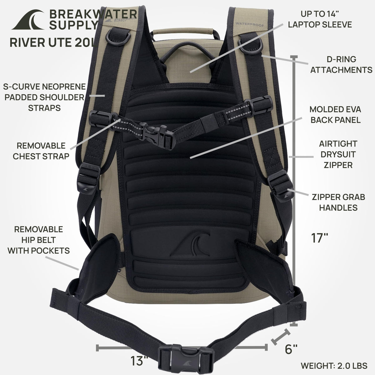 Breakwater Supply™ River Ute Waterproof IP68 Hunting Backpack, Floating TPU Submersible Dry Bag with Padded Hip Belt and Airtight Zippers | 20L (River Ute 20L CORDURA Safari Tan)