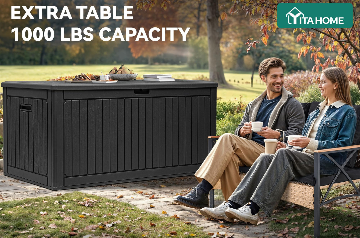 YITAHOME 320 Gallon Extra Large Deck Box, Double-Wall Resin Outdoor Storage Box with Flexible Divider for Patio Cushions Pool Supplies Garden Tools, 1000lbs Load Capacity, Lockable&Waterproof (Black)