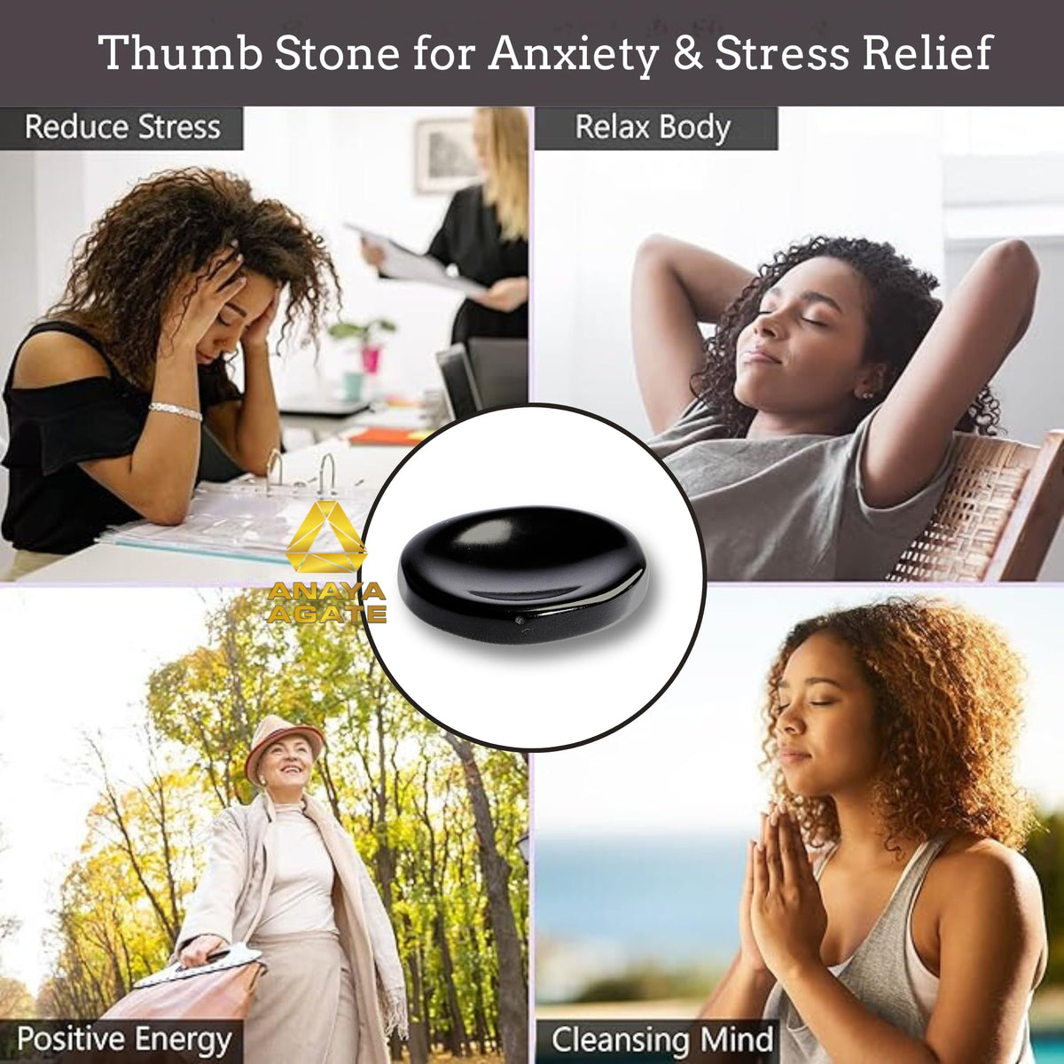 Anaya Agate Black Obsidian Worry Stones Certified Crystal Thumb Worry Stone for Anguish, Relaxing and Soothing Balance Stones for Meditation, Stress Relief Crystals and Healing Stones for Men, Women