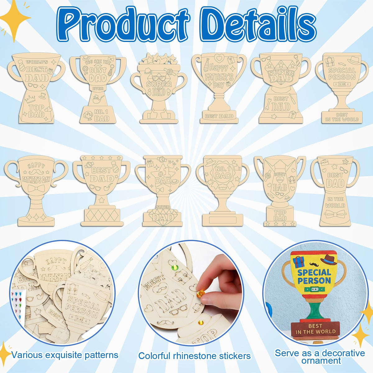 Eaasty 12 Set Father's Day Wooden Trophy Craft Kit 12 Unique Trophy Designs with Acrylic Rhinestone Stickers Paint and Brushes DIY Gifts for Fathers Grandpas Family Classroom Activity Crafts Supplies