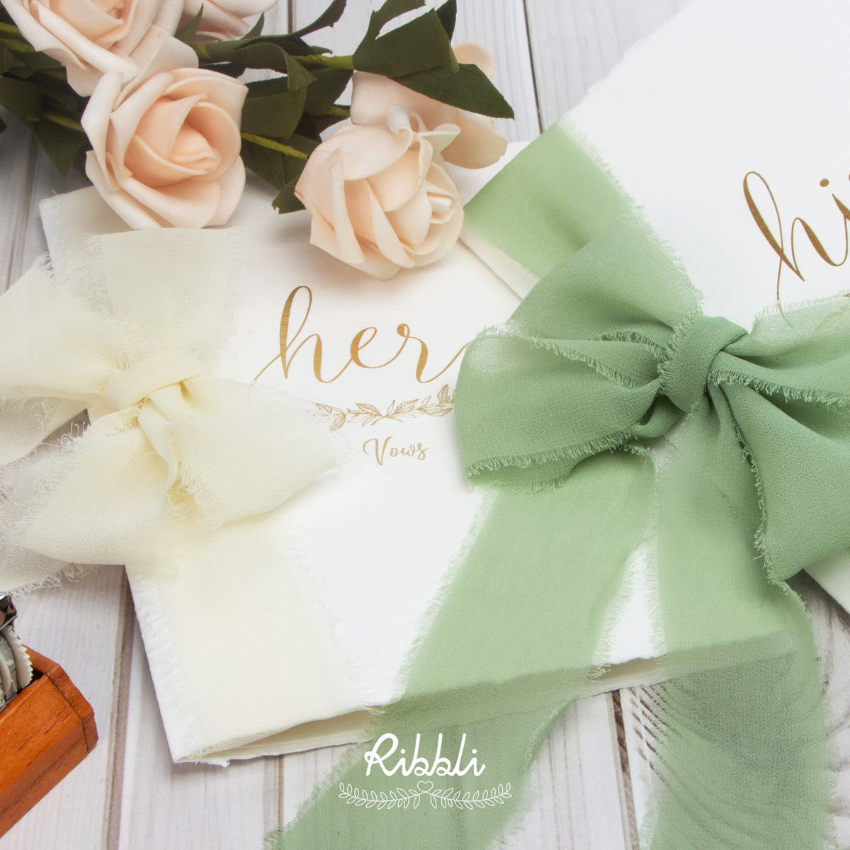 Ribbli Ivory Chiffon Ribbon 1-1/2 inch x 30 Yard Handmade Fringe Chiffon Ivory Silk Ribbon,Cream Ribbon for Wedding Invitations, Bridal Bouquets Wrapping, Flower Arrangement Decoration